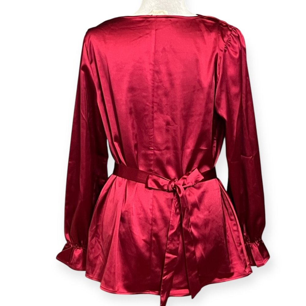 Belle Poque Burgundy Satin Cowl Neck Blouse Women L Tie Back Long Sleeve Office - Picture 2 of 9